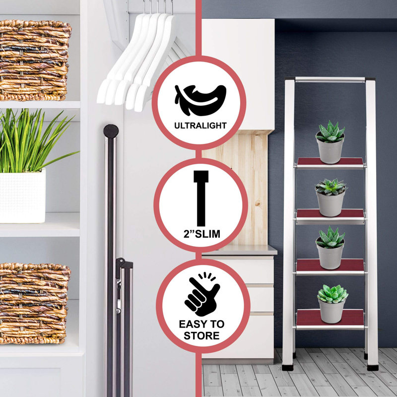 Sorfey Step Ladders 4 - Step Steel Lightweight Folding Step Ladder, Silver/Red