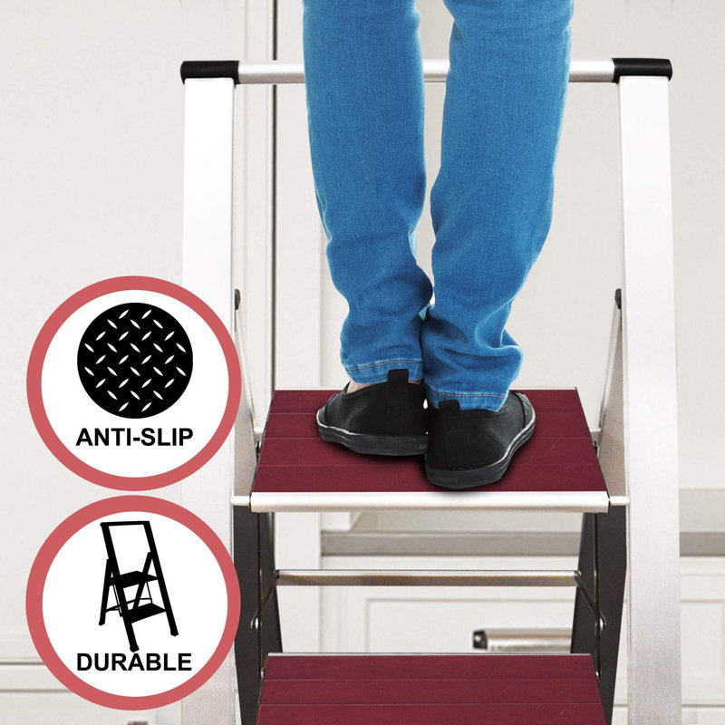 Sorfey Step Ladders 4 - Step Steel Lightweight Folding Step Ladder, Silver/Red
