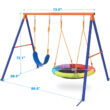 Jovego 690lbs 2 Seat Swing Set for Backyard, 1 Saucer Swing and 1 Belt Swing Jovego 690lbs 2 Seat Swing Set for Backyard, 1 Saucer Swing and 1 Belt Swing with Heavy Duty Outdoor A-Frame Metal Swing Stand for Playground, Playset