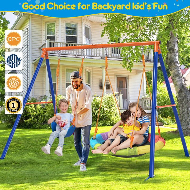 Jovego 690lbs 2 Seat Swing Set for Backyard, 1 Saucer Swing and 1 Belt Swing Jovego 690lbs 2 Seat Swing Set for Backyard, 1 Saucer Swing and 1 Belt Swing with Heavy Duty Outdoor A-Frame Metal Swing Stand for Playground, Playset