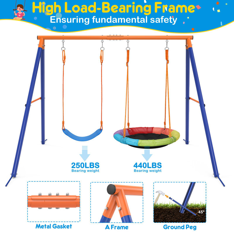 Jovego 690lbs 2 Seat Swing Set for Backyard, 1 Saucer Swing and 1 Belt Swing Jovego 690lbs 2 Seat Swing Set for Backyard, 1 Saucer Swing and 1 Belt Swing with Heavy Duty Outdoor A-Frame Metal Swing Stand for Playground, Playset