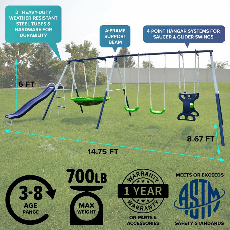 Sportspower Outdoor Rosemead Metal Swing Set with Lifetime Warranty on 6' Double Wall Slide