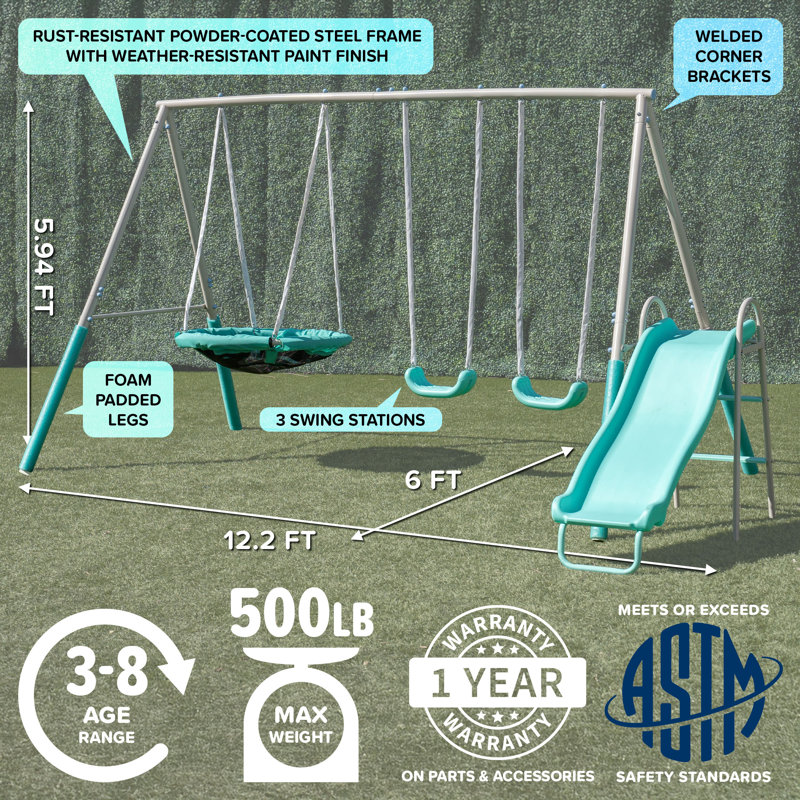Sportspower Super Fun Metal Swing Set with Padded Saucer Swing & Lifetime Warranty on 5' Slide