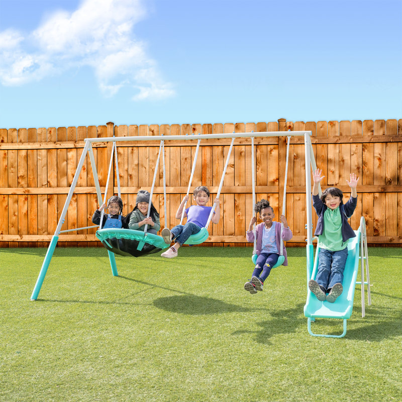 Sportspower Super Fun Metal Swing Set with Padded Saucer Swing & Lifetime Warranty on 5' Slide