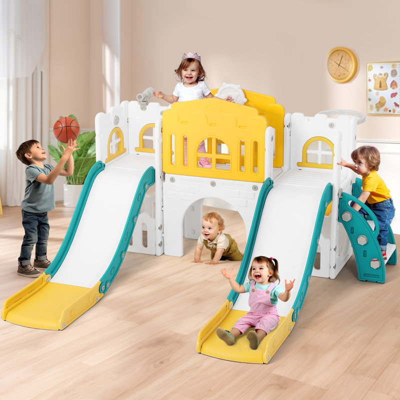 Joyldias 70.9'' W 9 In 1 Plastic Climber Toddler Slide, Toddler Playground With Double Slides,, Yellow/Green