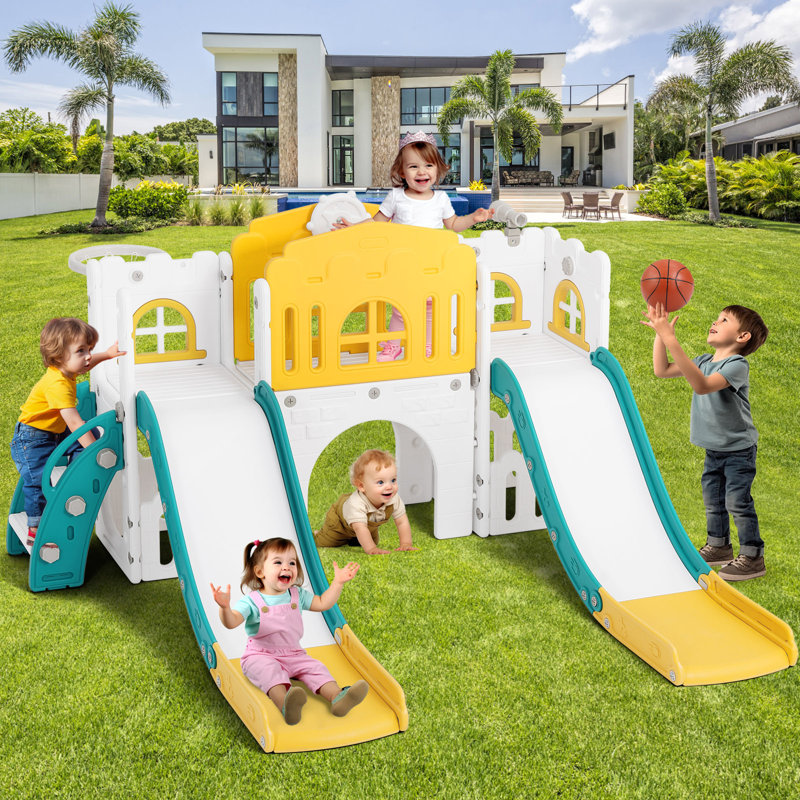 Joyldias 70.9'' W 9 In 1 Plastic Climber Toddler Slide, Toddler Playground With Double Slides,, Yellow/Green
