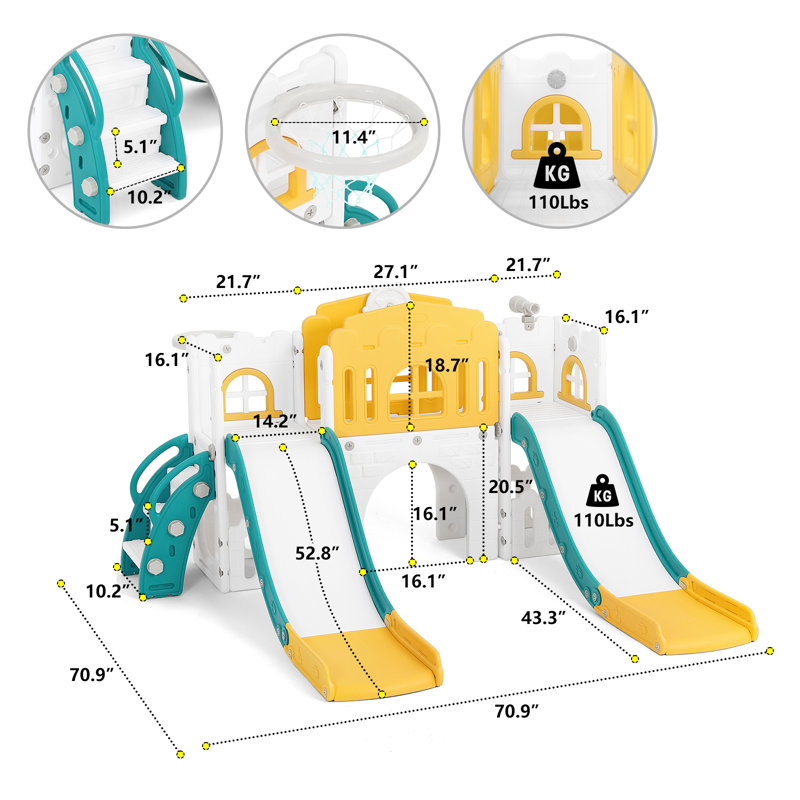 Joyldias 70.9'' W 9 In 1 Plastic Climber Toddler Slide, Toddler Playground With Double Slides,, Yellow/Green