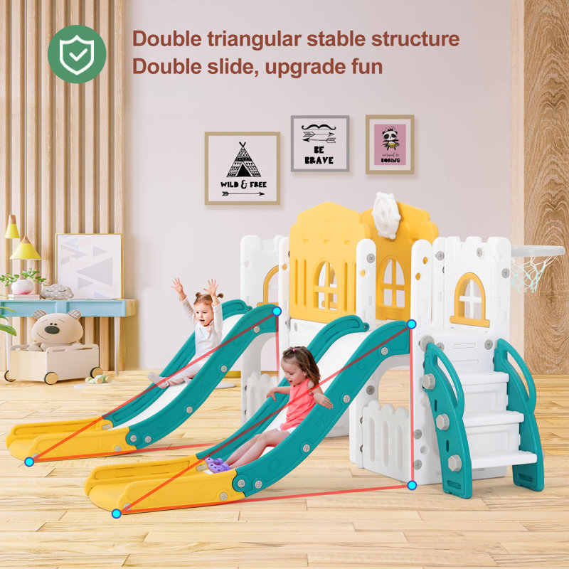 Joyldias 70.9'' W 9 In 1 Plastic Climber Toddler Slide, Toddler Playground With Double Slides,, Yellow/Green