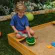 Wooden Backyard Sandbox with Built-in Corner Seating and Mesh Cover, Honey