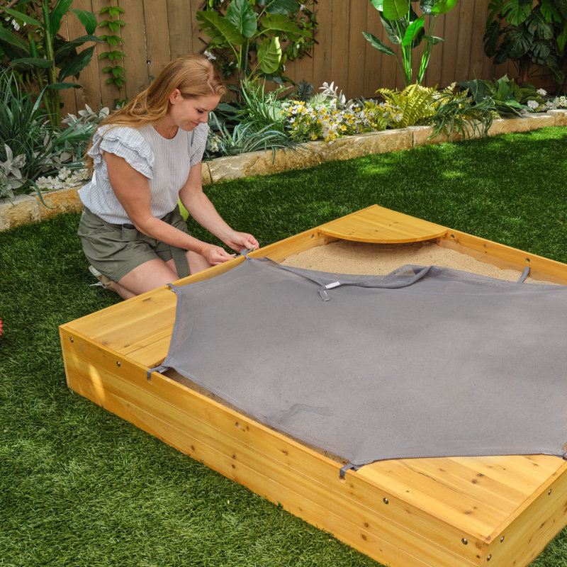 Wooden Backyard Sandbox with Built-in Corner Seating and Mesh Cover, Honey
