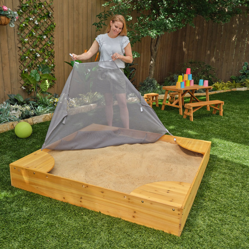 Wooden Backyard Sandbox with Built-in Corner Seating and Mesh Cover, Honey