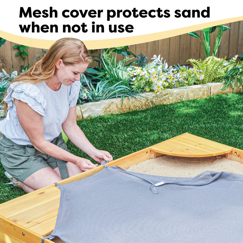 Wooden Backyard Sandbox with Built-in Corner Seating and Mesh Cover, Honey