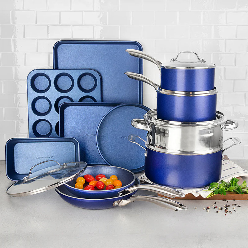 Blue 20 Piece Aluminum Non Stick Cookware & Bakeware Set with Ultra Nonstick Surface, Oven & Dishwasher Safe, Blue