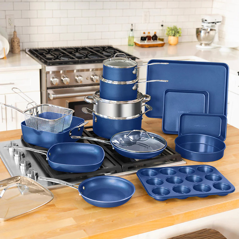 Blue 20 Piece Aluminum Non Stick Cookware & Bakeware Set with Ultra Nonstick Surface, Oven & Dishwasher Safe, Blue