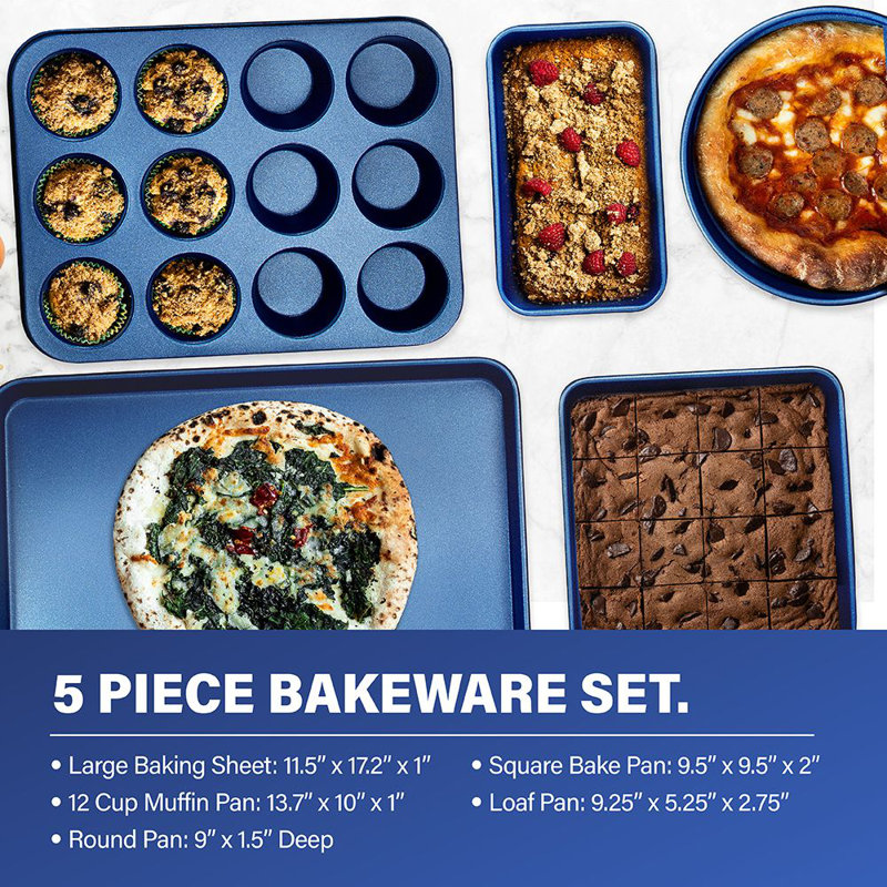 Blue 20 Piece Aluminum Non Stick Cookware & Bakeware Set with Ultra Nonstick Surface, Oven & Dishwasher Safe, Blue