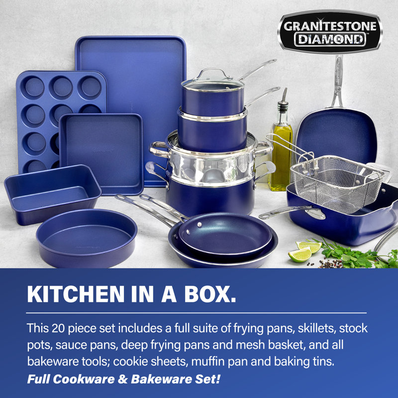 Blue 20 Piece Aluminum Non Stick Cookware & Bakeware Set with Ultra Nonstick Surface, Oven & Dishwasher Safe, Blue