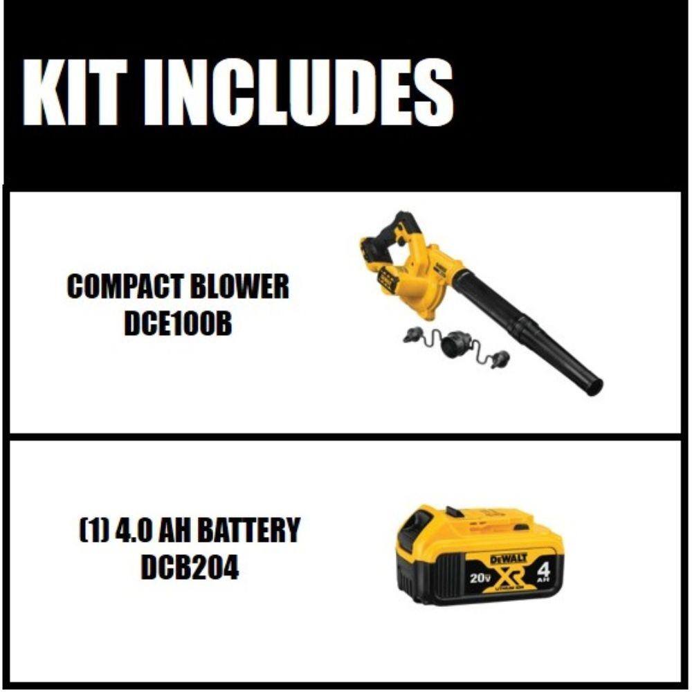 DEWALT 20V MAX Cordless Compact Jobsite Blower 135 MPH 100 CFM and (1) 20V MAX Premium Lithium-Ion 4.0Ah Battery DCE100BW204 DEWALT 20V MAX Cordless Compact Jobsite Blower 135 MPH 100 CFM and (1) 20V MAX Premium Lithium-Ion 4.0Ah Battery DCE100BW204