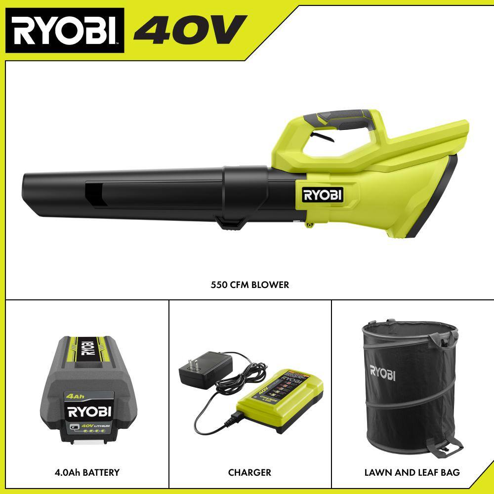 RYOBI 40V 120 MPH 550 CFM Cordless Battery Blower and Lawn and leaf bag with 4.0 Ah Battery and Charger RY40LB01K-AC04313