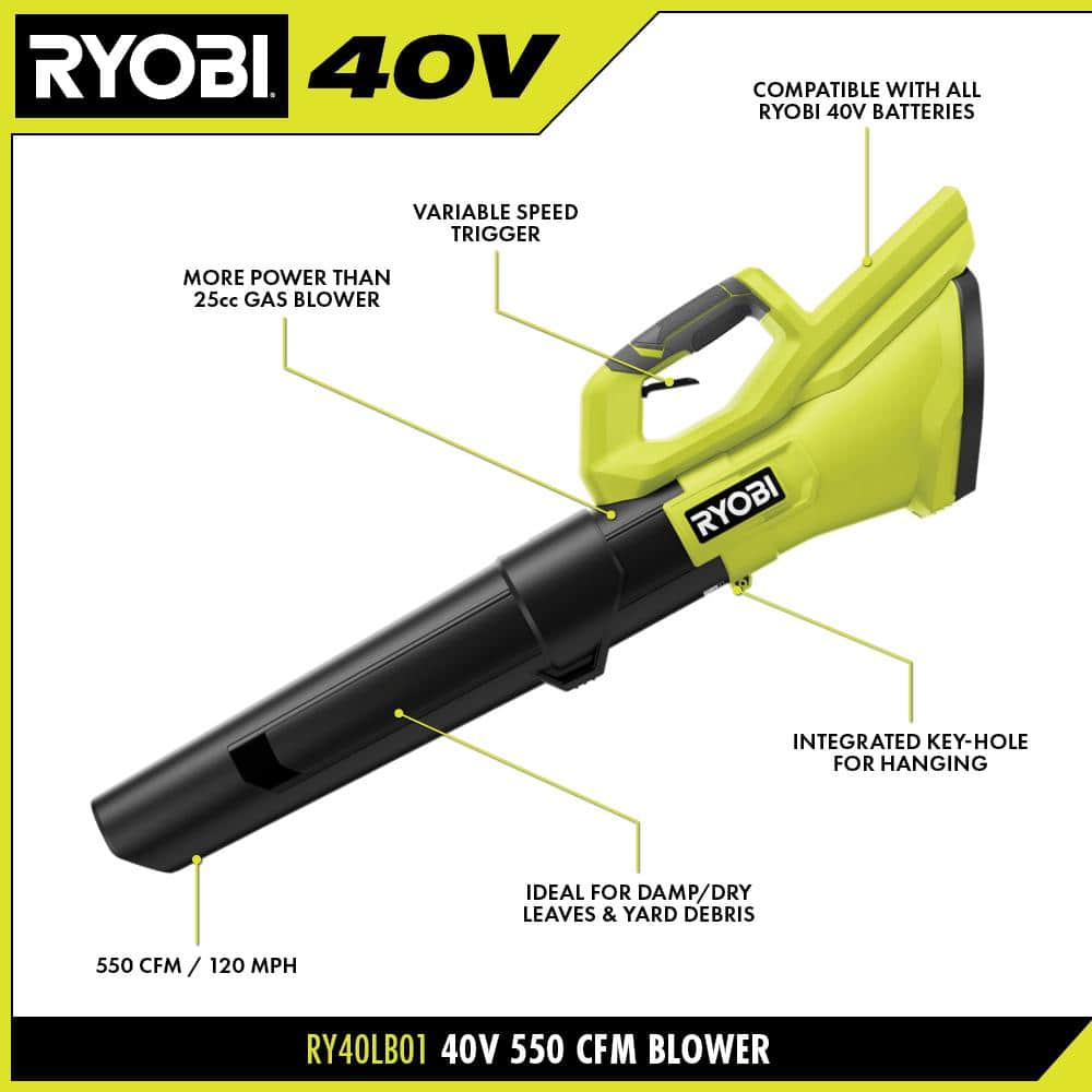 RYOBI 40V 120 MPH 550 CFM Cordless Battery Blower and Lawn and leaf bag with 4.0 Ah Battery and Charger RY40LB01K-AC04313