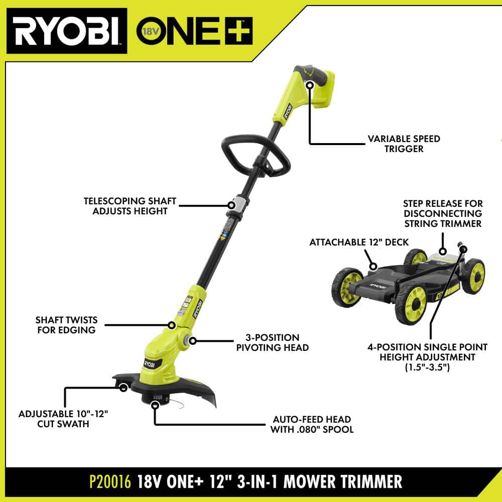 RYOBI ONE+ 18V 12 in. Cordless Battery 3-in-1 Mower, String Trimmer, and Edger (Tool Only) P20016BTL RYOBI ONE+ 18V 12 in. Cordless Battery 3-in-1 Mower, String Trimmer, and Edger (Tool Only) P20016BTL