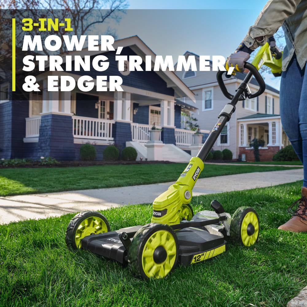 RYOBI ONE+ 18V 12 in. Cordless Battery 3-in-1 Mower, String Trimmer, and Edger (Tool Only) P20016BTL RYOBI ONE+ 18V 12 in. Cordless Battery 3-in-1 Mower, String Trimmer, and Edger (Tool Only) P20016BTL