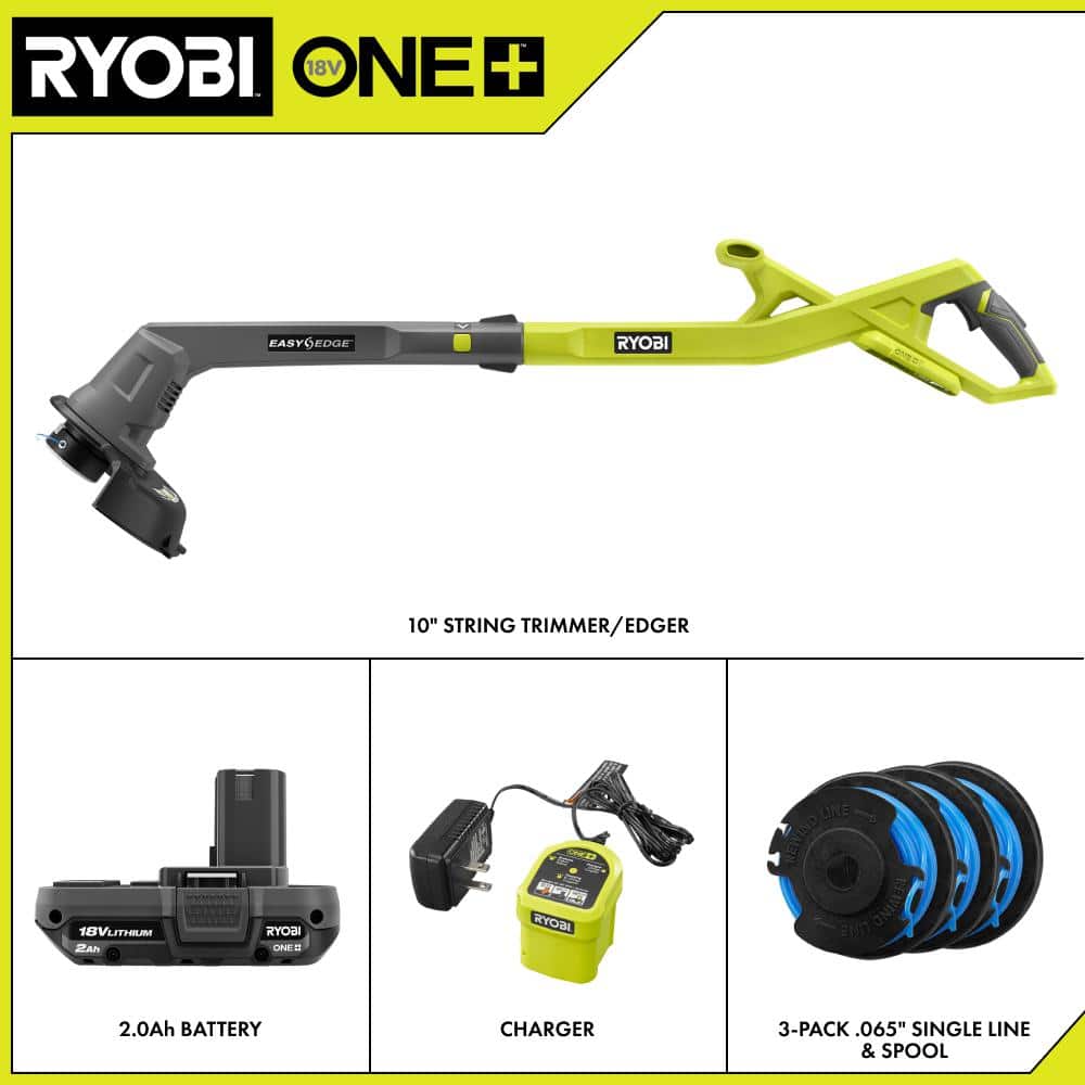 RYOBI ONE+ 18V 10 in. Cordless Battery String Trimmer/Edger 2.0 Ah Battery and Charger kit with ONE+ 0.065 Spool (3-Pack) PCLST01K-AC14RL3A RYOBI ONE+ 18V 10 in. Cordless Battery String Trimmer/Edger 2.0 Ah Battery and Charger kit with ONE+ 0.065 Spool (3-Pack) PCLST01K-AC14RL3A