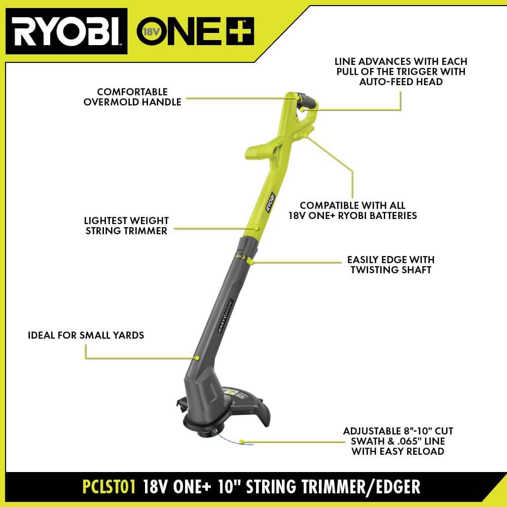 RYOBI ONE+ 18V 10 in. Cordless Battery String Trimmer/Edger 2.0 Ah Battery and Charger kit with ONE+ 0.065 Spool (3-Pack) PCLST01K-AC14RL3A RYOBI ONE+ 18V 10 in. Cordless Battery String Trimmer/Edger 2.0 Ah Battery and Charger kit with ONE+ 0.065 Spool (3-Pack) PCLST01K-AC14RL3A