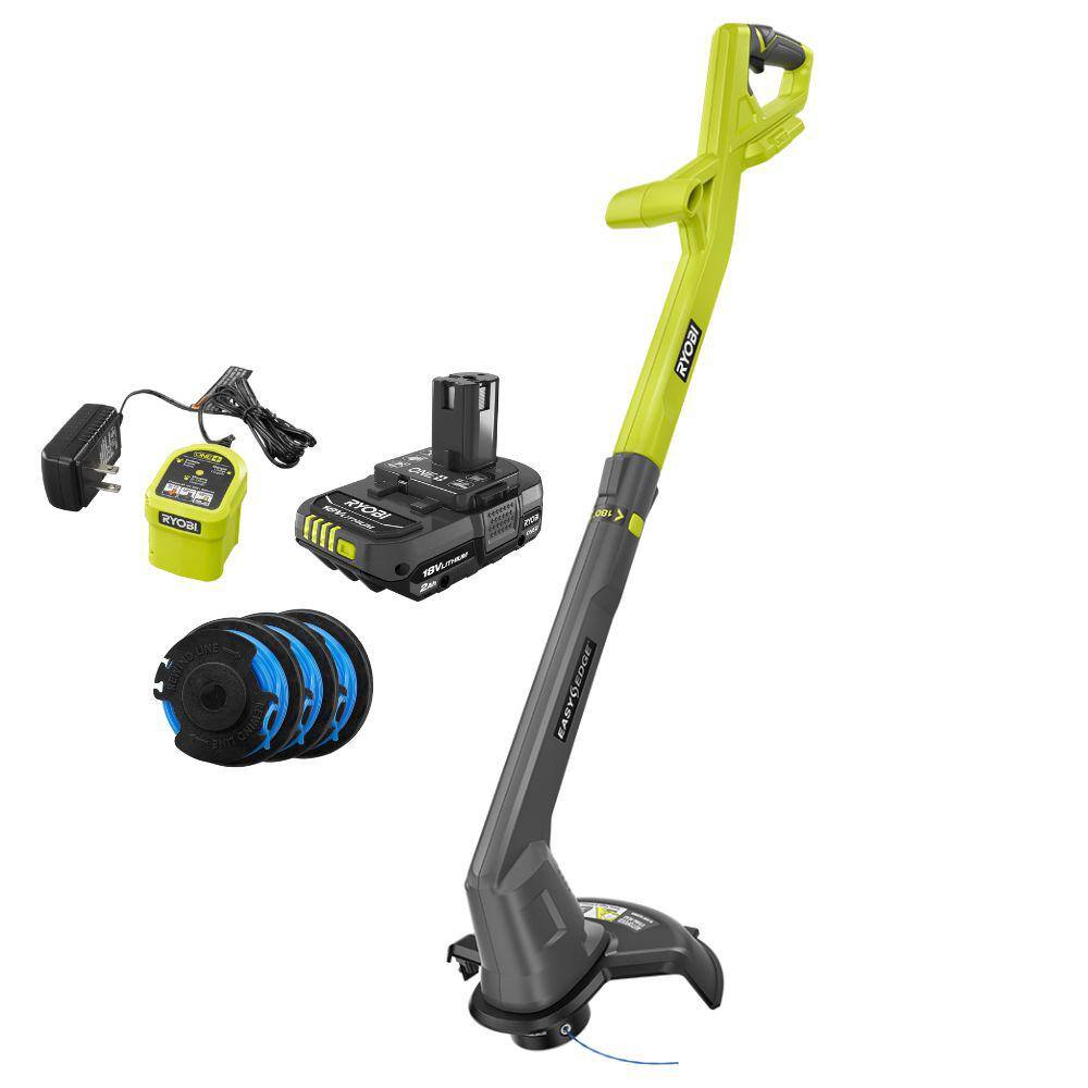 RYOBI ONE+ 18V 10 in. Cordless Battery String Trimmer/Edger 2.0 Ah Battery and Charger kit with ONE+ 0.065 Spool (3-Pack) PCLST01K-AC14RL3A RYOBI ONE+ 18V 10 in. Cordless Battery String Trimmer/Edger 2.0 Ah Battery and Charger kit with ONE+ 0.065 Spool (3-Pack) PCLST01K-AC14RL3A