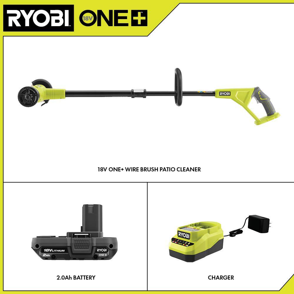 RYOBI ONE+ 18V Patio Cleaner with Wire Brush Edger with 2.0 Ah Battery and Charger P2950 RYOBI ONE+ 18V Patio Cleaner with Wire Brush Edger with 2.0 Ah Battery and Charger P2950