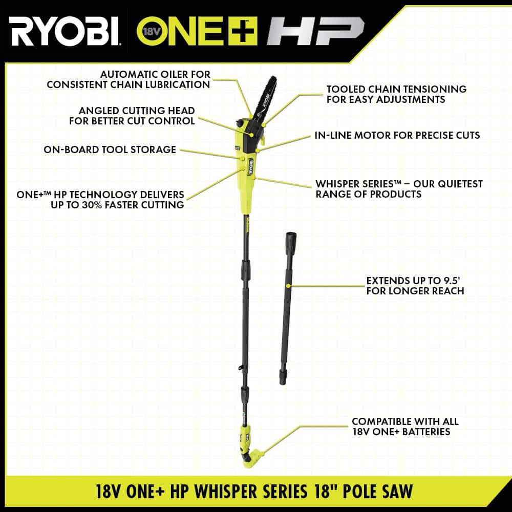 RYOBI ONE+ HP 18V Brushless Whisper Series Cordless Battery 8 in. Pole Saw (Tool Only) P2508BTL RYOBI ONE+ HP 18V Brushless Whisper Series Cordless Battery 8 in. Pole Saw (Tool Only) P2508BTL