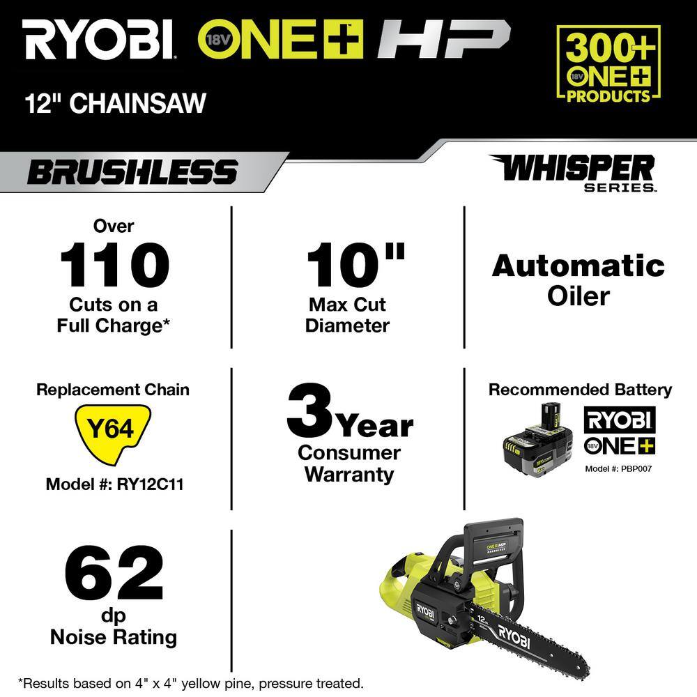 RYOBI ONE+ HP 18V Brushless Whisper Series 12 in. Battery Chainsaw (Tool Only) P2507BTL RYOBI ONE+ HP 18V Brushless Whisper Series 12 in. Battery Chainsaw (Tool Only) P2507BTL