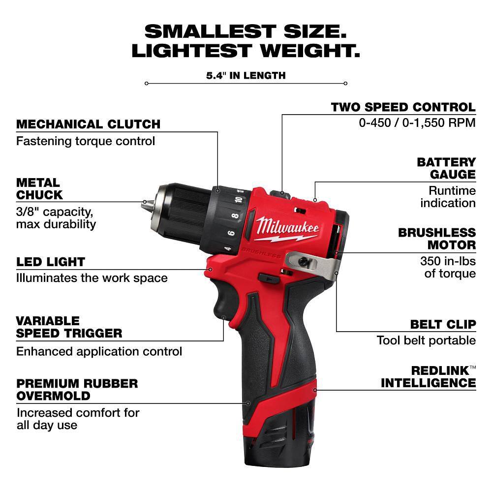 Milwaukee M12 12-Volt Lithium-Ion Brushless Cordless Subcompact Brushless Drill Driver Kit 3401-22 Milwaukee M12 12-Volt Lithium-Ion Brushless Cordless Subcompact Brushless Drill Driver Kit 3401-22