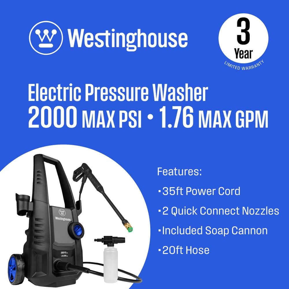 Westinghouse 2000 PSI 1.76 GPM Cold Water Electric Powered Pressure Washer with Anti-Tipping Technology and 2 Quick Connect Tips ePX3030 Westinghouse 2000 PSI 1.76 GPM Cold Water Electric Powered Pressure Washer with Anti-Tipping Technology and 2 Quick Connect Tips ePX3030