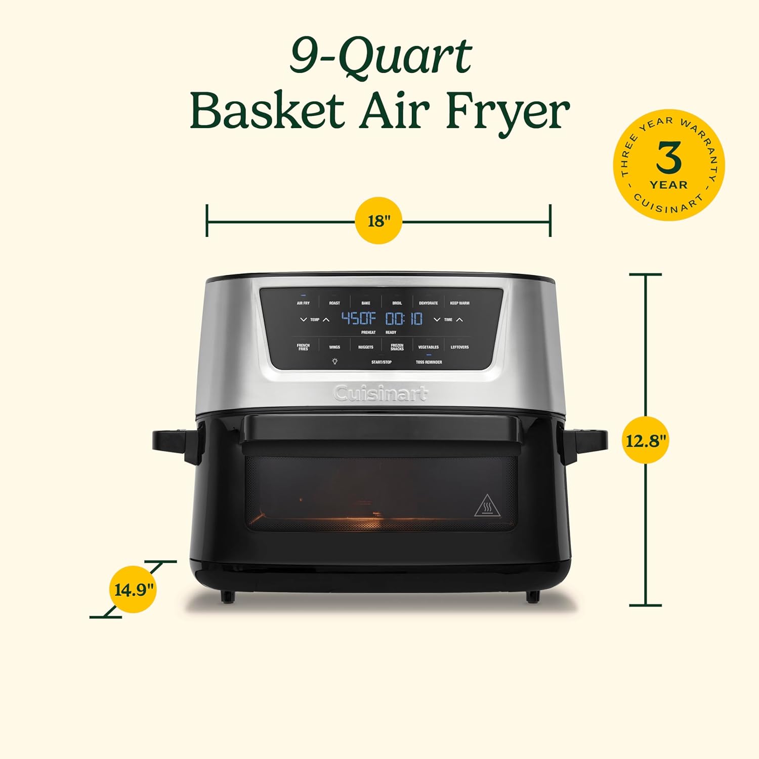 Cuisinart Air Fryer Oven – 9-Qt Basket Stainless Steel Air Fryer – AIR-220 Cuisinart Air Fryer Oven – 9-Qt Basket Stainless Steel Air Fryer – Dishwasher-Safe Parts with 6 Presets – Roast, Bake, Broil, Air Fry, Dehydrate, and Keep Warm – Quick & Easy Meals – AIR-220