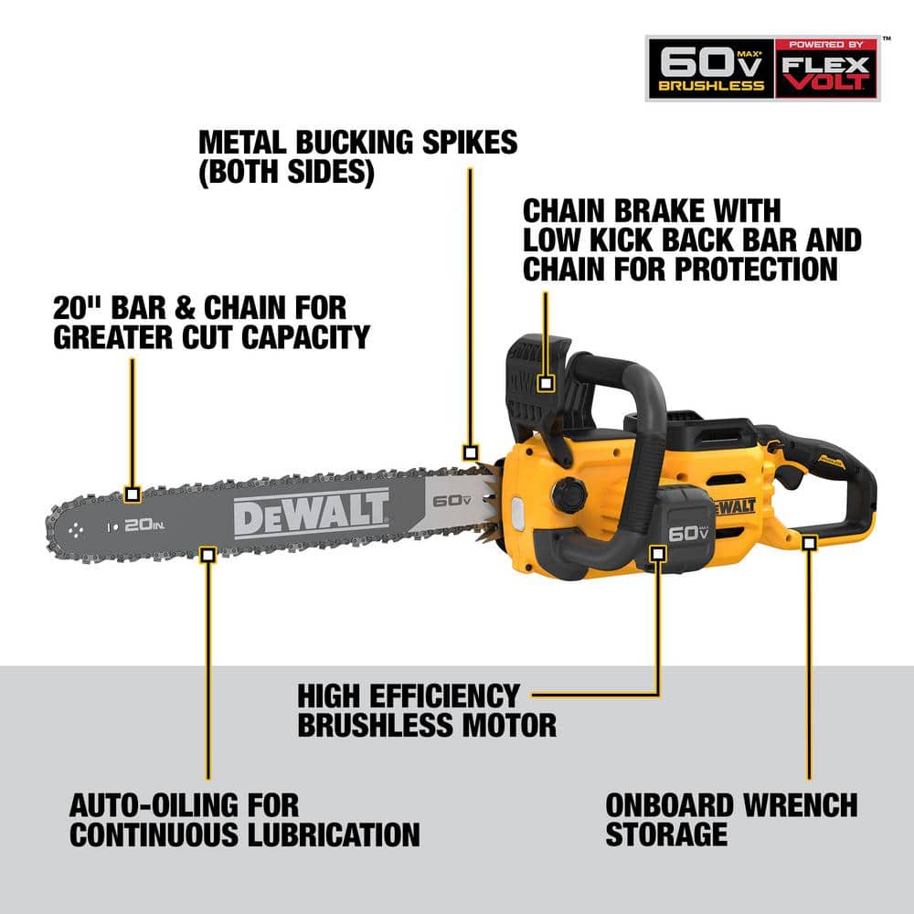 DEWALT FLEXVOLT 60V MAX 20 in. Brushless Cordless Battery Powered Chainsaw and Carry Case (Tool and Case Only) DCCS677B DEWALT FLEXVOLT 60V MAX 20 in. Brushless Cordless Battery Powered Chainsaw and Carry Case (Tool and Case Only) DCCS677B