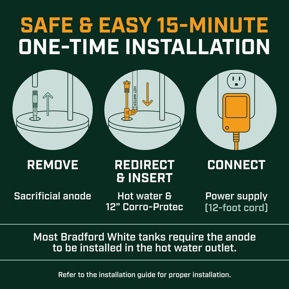 CORRO-PROTEC Powered Anode Rod for Bradford White Water Heater and Hot Water Outlet CORRO-PROTEC Powered Anode Rod for Bradford White Water Heater and Hot Water Outlet, Stops Odors and Corrosion, 20-year warranty 96383