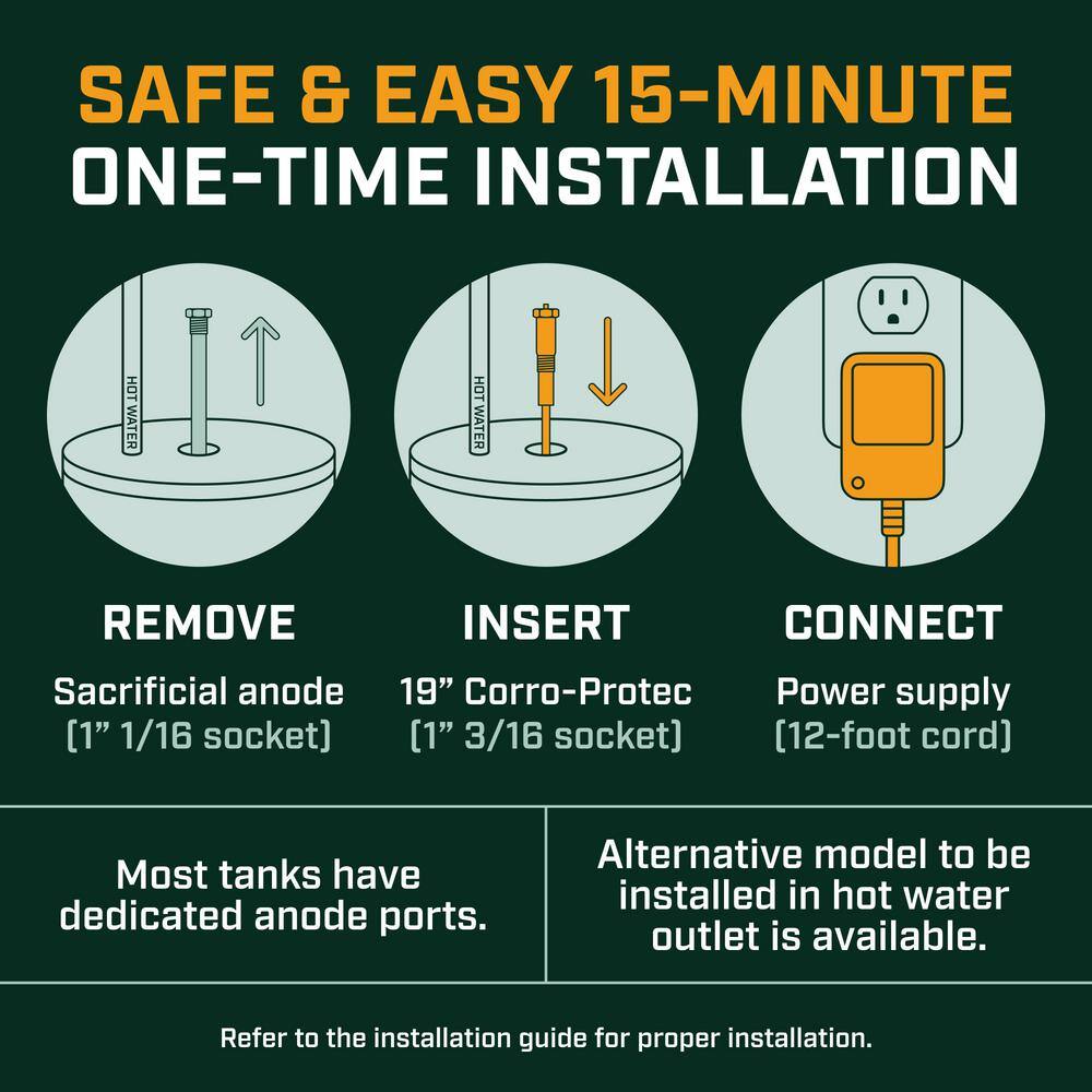 CORRO-PROTEC Powered Anode Rod For 90-120 Gal. Residential Water Heater CORRO-PROTEC Powered Anode Rod For 90-120 Gal. Residential Water Heater, Eliminates Sulfur Smell, Stops Corrosion, 20-year warranty 96388
