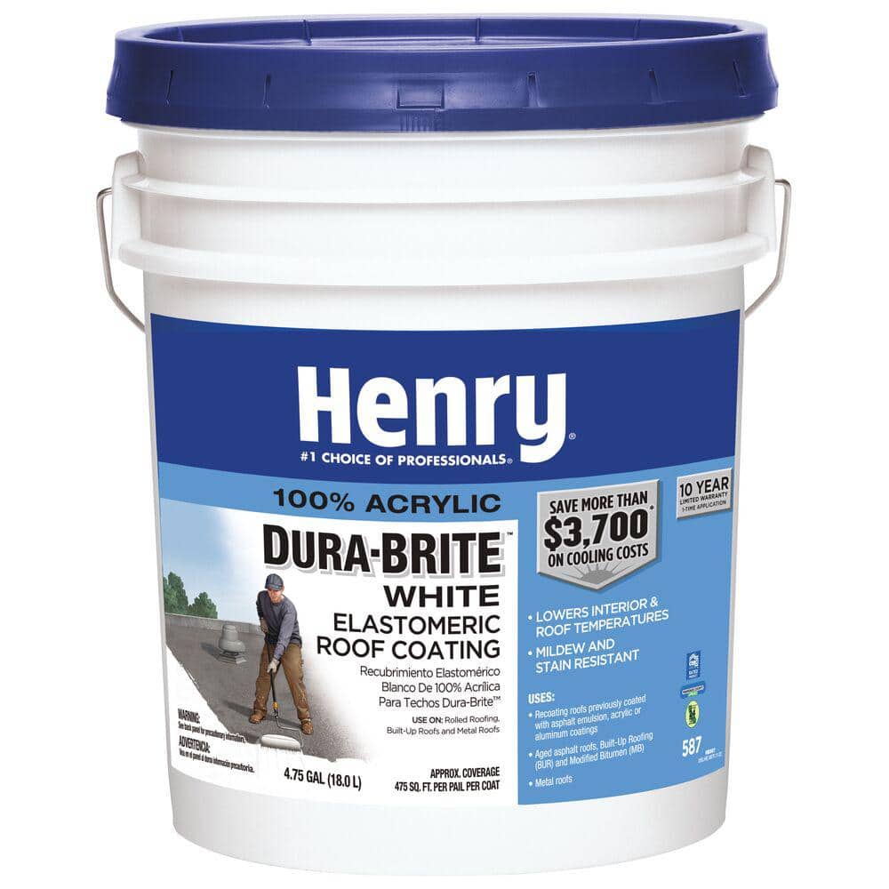 Henry 587 Dura-Brite White 100% Acrylic Elastomeric Reflective Roof Coating 4.75 gal. HE587871 Henry 587 Dura-Brite White 100% Acrylic Elastomeric Reflective Roof Coating 4.75 gal. HE587871