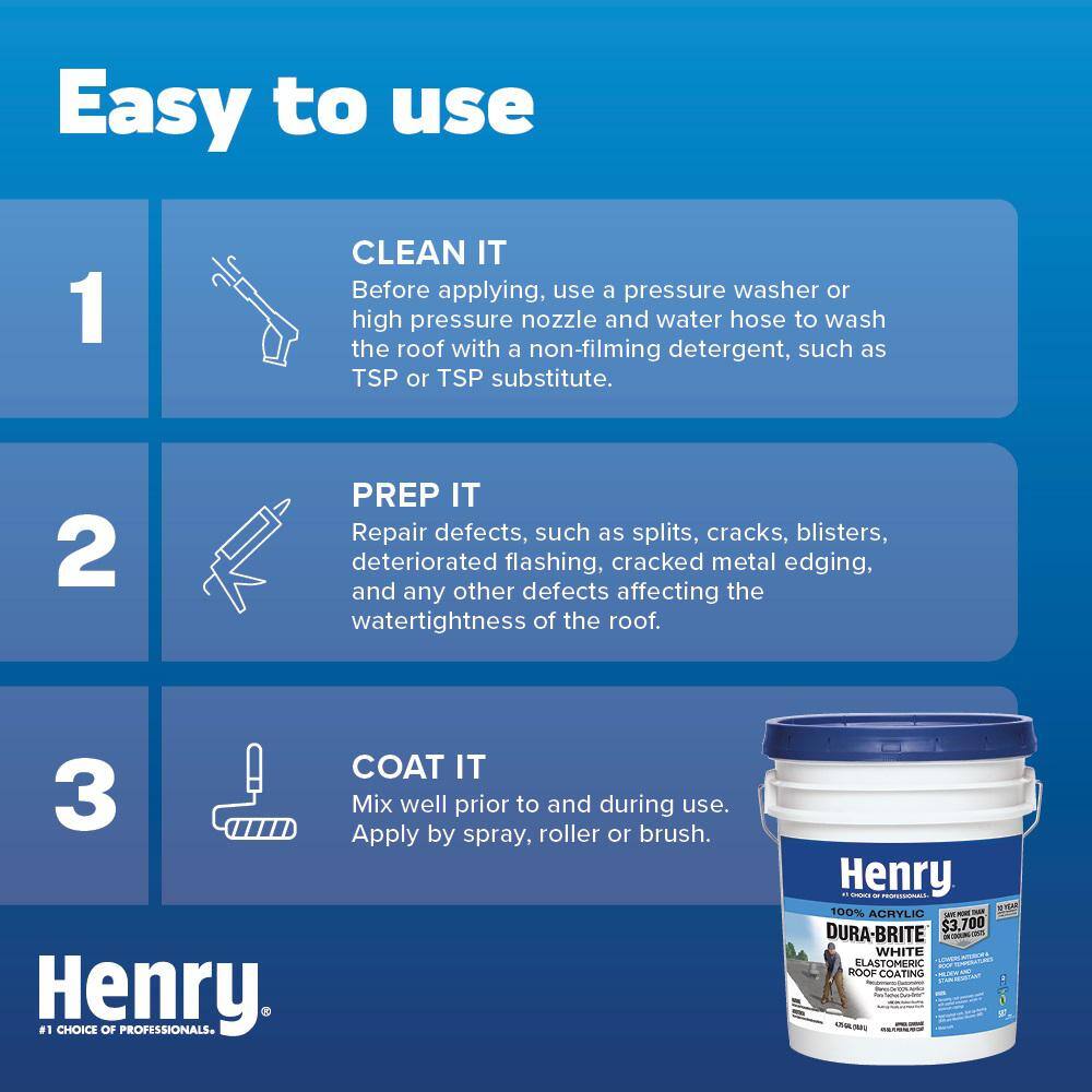 Henry 587 Dura-Brite White 100% Acrylic Elastomeric Reflective Roof Coating 4.75 gal. HE587871 Henry 587 Dura-Brite White 100% Acrylic Elastomeric Reflective Roof Coating 4.75 gal. HE587871