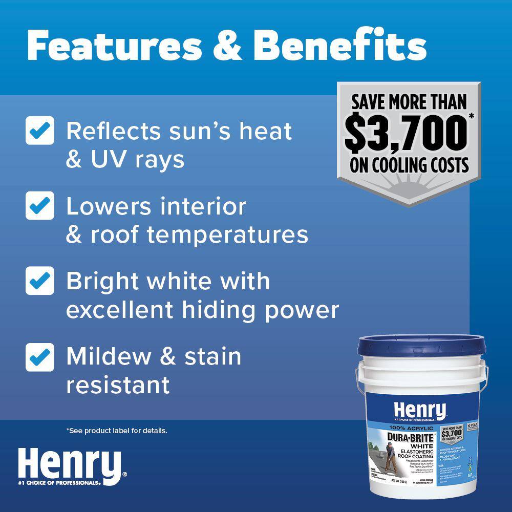 Henry 587 Dura-Brite White 100% Acrylic Elastomeric Reflective Roof Coating 4.75 gal. HE587871 Henry 587 Dura-Brite White 100% Acrylic Elastomeric Reflective Roof Coating 4.75 gal. HE587871