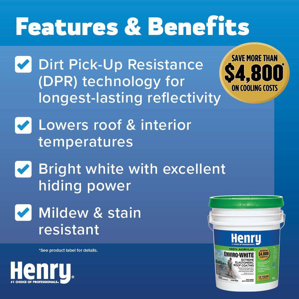 Henry 687 Enviro-White 100% Acrylic Elastomeric Reflective Roof Coating 4.75 gal. HE687406 Henry 687 Enviro-White 100% Acrylic Elastomeric Reflective Roof Coating 4.75 gal. HE687406