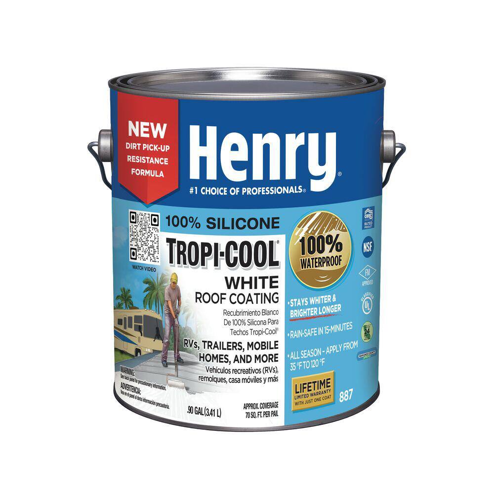 Henry 887 Tropi-Cool White 100% Silicone Reflective Roof Coating 0.90 gal. HE887HS142 Henry 887 Tropi-Cool White 100% Silicone Reflective Roof Coating 0.90 gal. HE887HS142