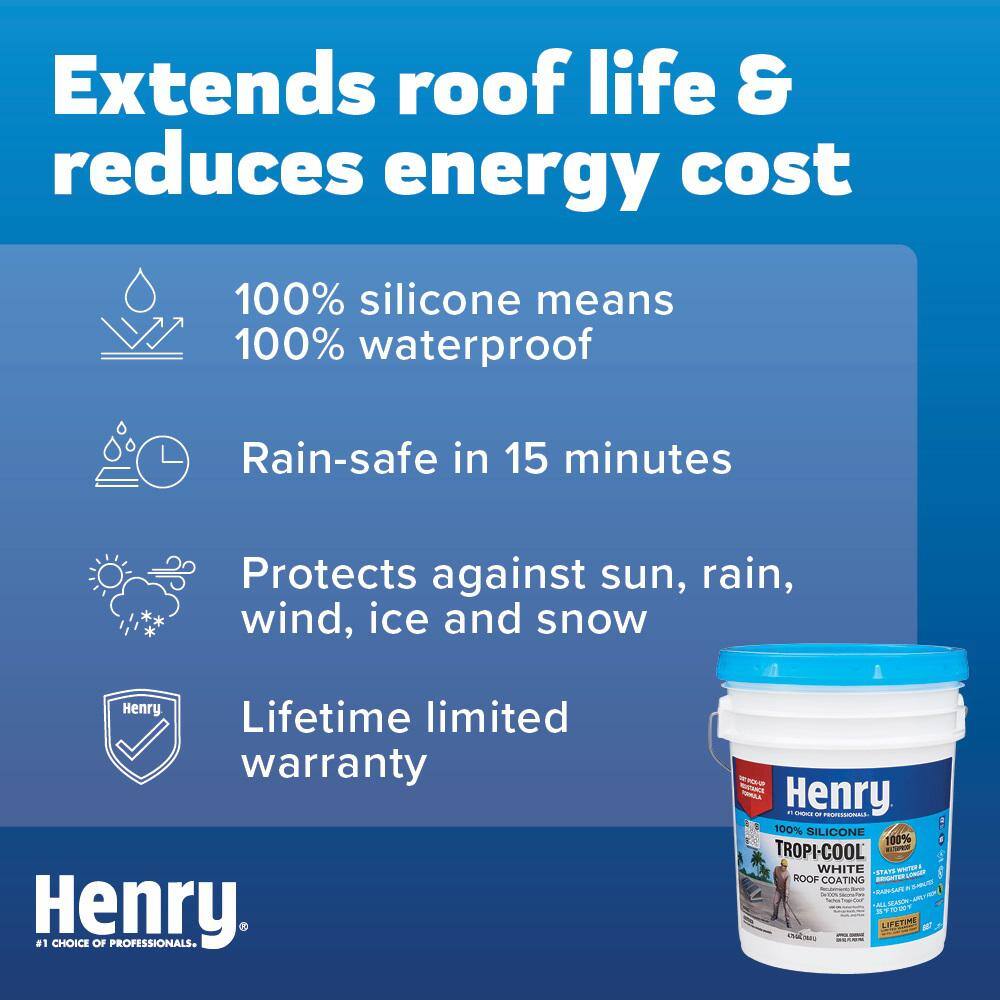 Henry 887 Tropi-Cool White 100% Silicone Reflective Roof Coating 0.90 gal. HE887HS142 Henry 887 Tropi-Cool White 100% Silicone Reflective Roof Coating 0.90 gal. HE887HS142