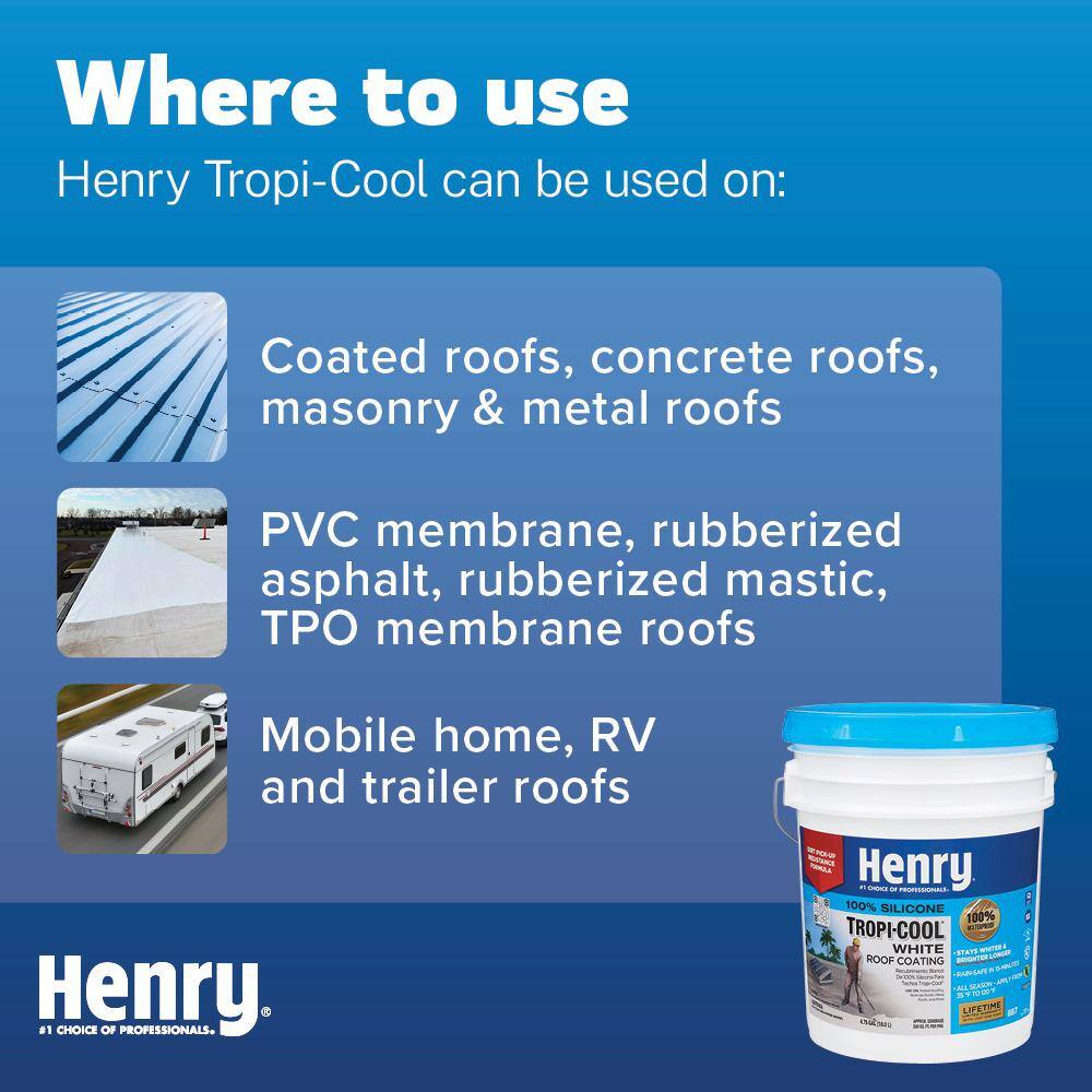 Henry 887 Tropi-Cool White 100% Silicone Reflective Roof Coating 0.90 gal. HE887HS142 Henry 887 Tropi-Cool White 100% Silicone Reflective Roof Coating 0.90 gal. HE887HS142