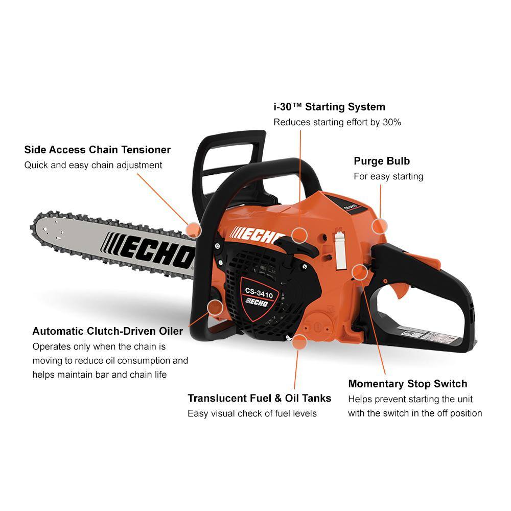 ECHO 14 in. 34.4 cc Gas 2-Stroke Rear Handle Chainsaw with Automatic Chain Oiler CS-3410-14 ECHO 14 in. 34.4 cc Gas 2-Stroke Rear Handle Chainsaw with Automatic Chain Oiler CS-3410-14
