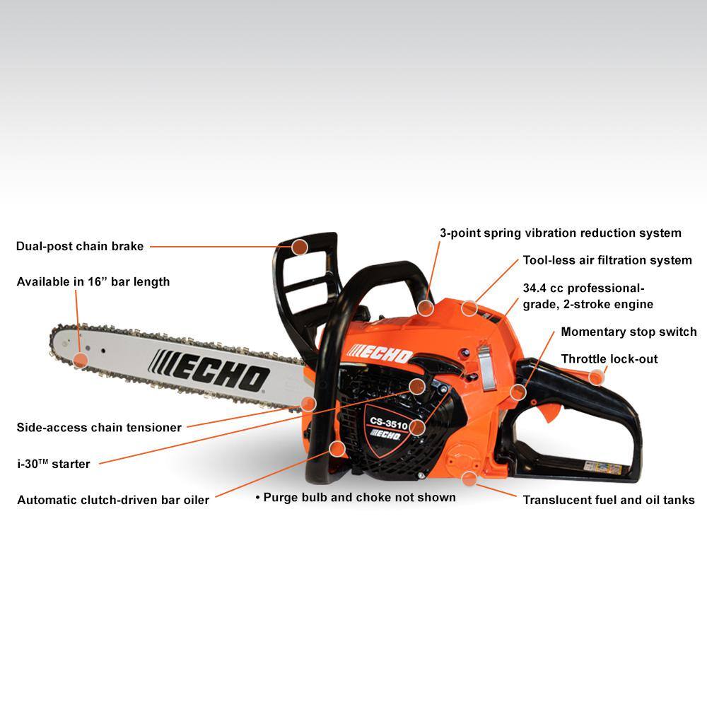 ECHO 16 in. 34.4 cc Gas 2-Stroke Engine Rear Handle Chainsaw CS-3510-16 ECHO 16 in. 34.4 cc Gas 2-Stroke Engine Rear Handle Chainsaw CS-3510-16