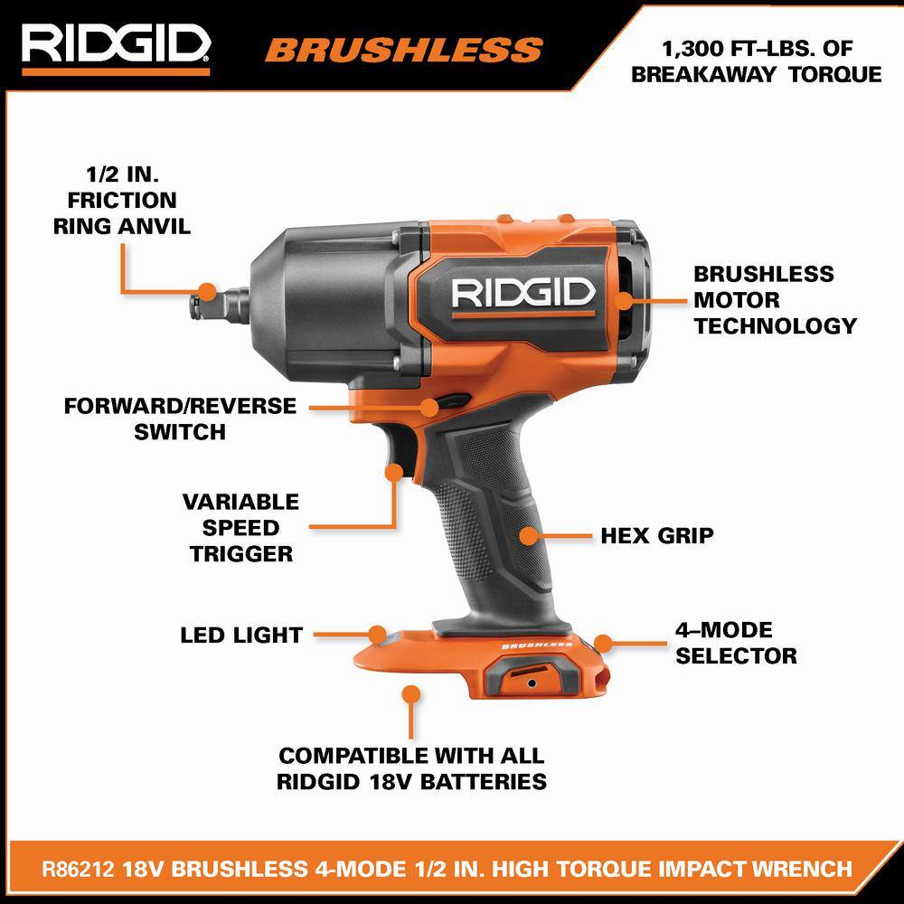 RIDGID 18V Brushless Cordless 4-Mode 1/2 in. High-Torque Impact Wrench (Tool Only) R86212B RIDGID 18V Brushless Cordless 4-Mode 1/2 in. High-Torque Impact Wrench (Tool Only) R86212B