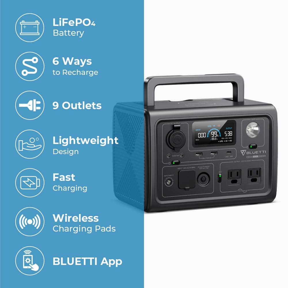 BLUETTI 600W Continuous/1200W Push Button Start LiFePO4 Battery Solar Generator Peak Output Power Station EB3A Gray for Outdoors EB3AGR BLUETTI 600W Continuous/1200W Push Button Start LiFePO4 Battery Solar Generator Peak Output Power Station EB3A Gray for Outdoors EB3AGR