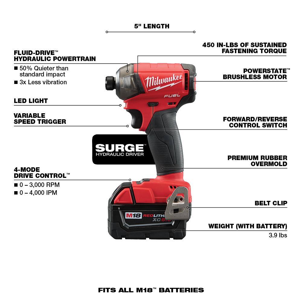 Milwaukee M18 FUEL SURGE 18V Lithium-Ion Brushless Cordless 1/4 in. Hex Impact Driver with XC 5.0 Ah Battery 2760-20-48-11-1850 Milwaukee M18 FUEL SURGE 18V Lithium-Ion Brushless Cordless 1/4 in. Hex Impact Driver with XC 5.0 Ah Battery 2760-20-48-11-1850