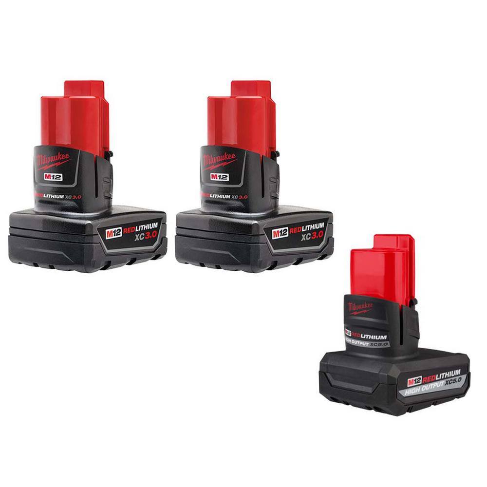 Milwaukee M12 12-Volt Lithium-Ion XC Extended Capacity 3.0 Ah Battery Pack (2-Pack) and M12 XC High Output 5.0 Ah Battery Pack 48-11-2412-48-11-2450